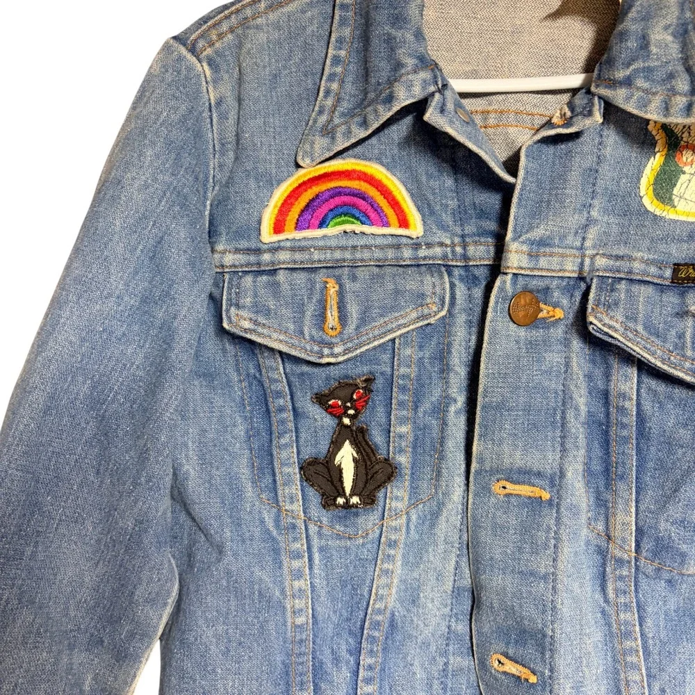 Vintage Wrangler Kids Denim Jacket Blue Patches Rainbow Canada Dry Made in USA